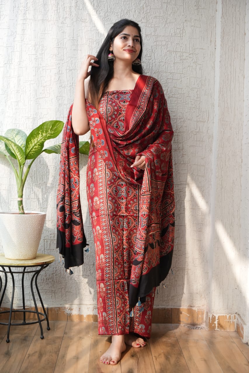 Ajrakh handblock printed modal dress material in maroon color – natural dye artisan fabric